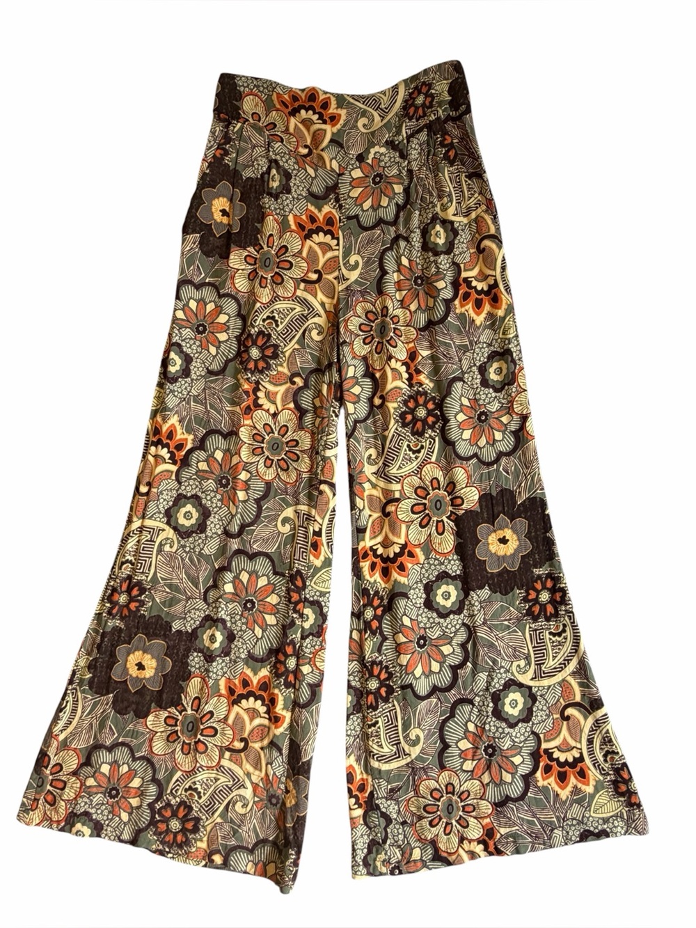 Angie Wide-Leg Floral Print Pants in Brown Green and Orange Size M #2292 - Picture 2 of 6